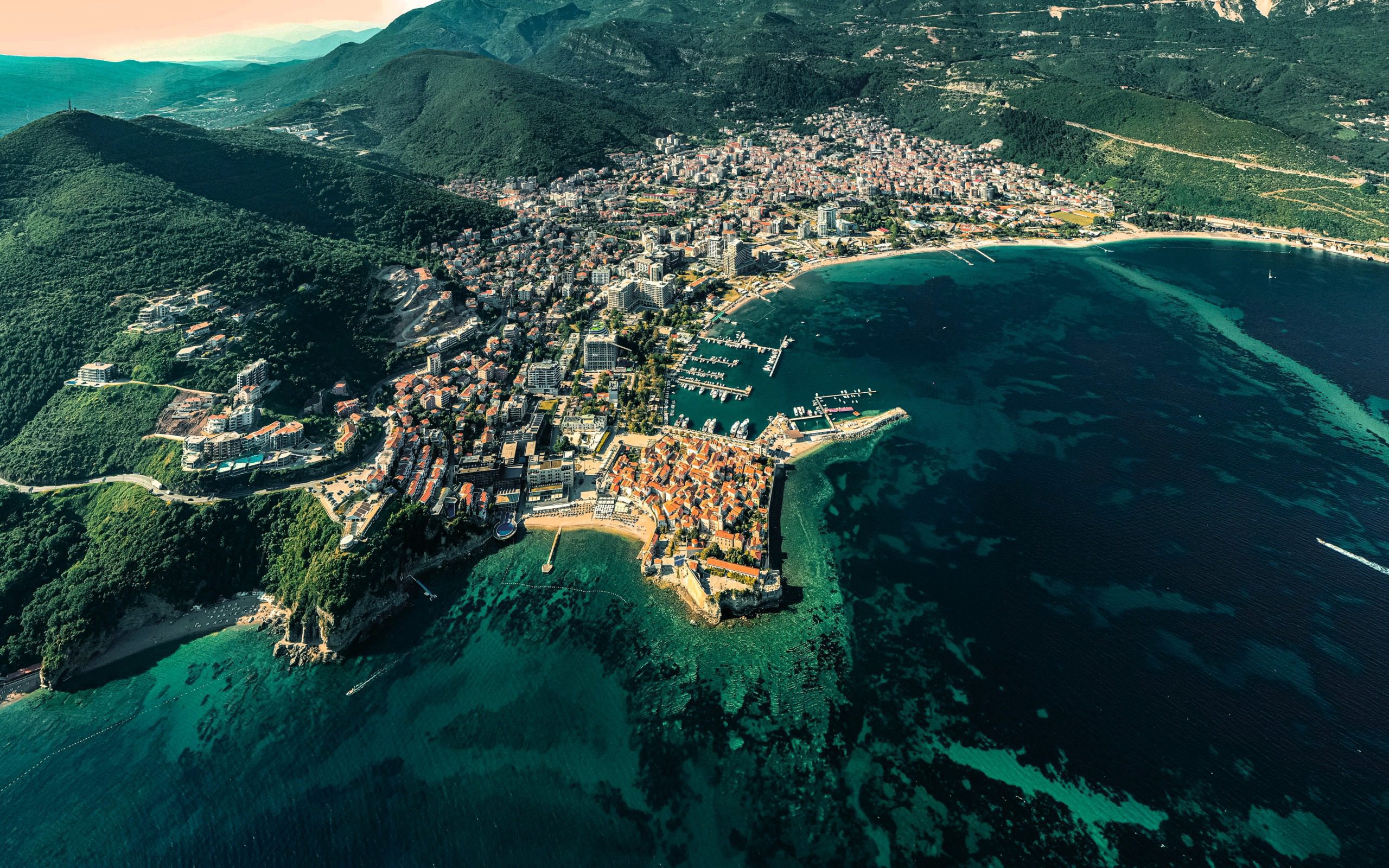 Aerial view of Budva on the Adriatic coast of Montenegro